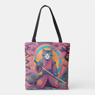 Samurai Cat Holding a Katana Design Tote Bag