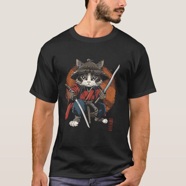 Samurai Cat Japan Warrior Katana Sword Anime Graph T-Shirt (Front)