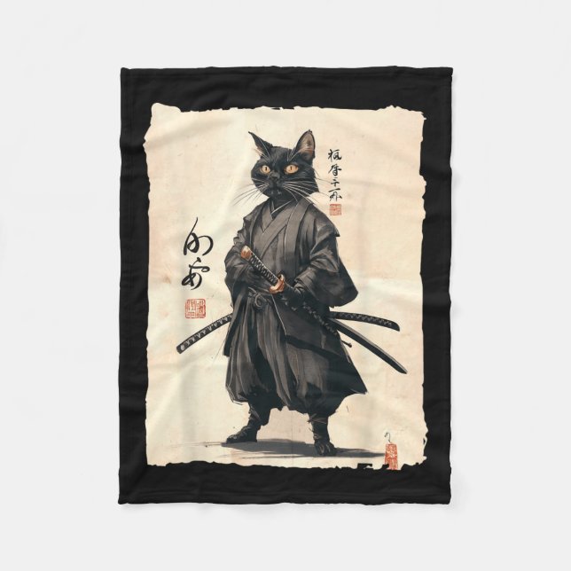 Samurai Cat Japanese Anime Cat Lover Funny For Men Fleece Blanket (Front)
