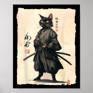 Samurai Cat Japanese Anime Cat Lover Funny For Men Poster