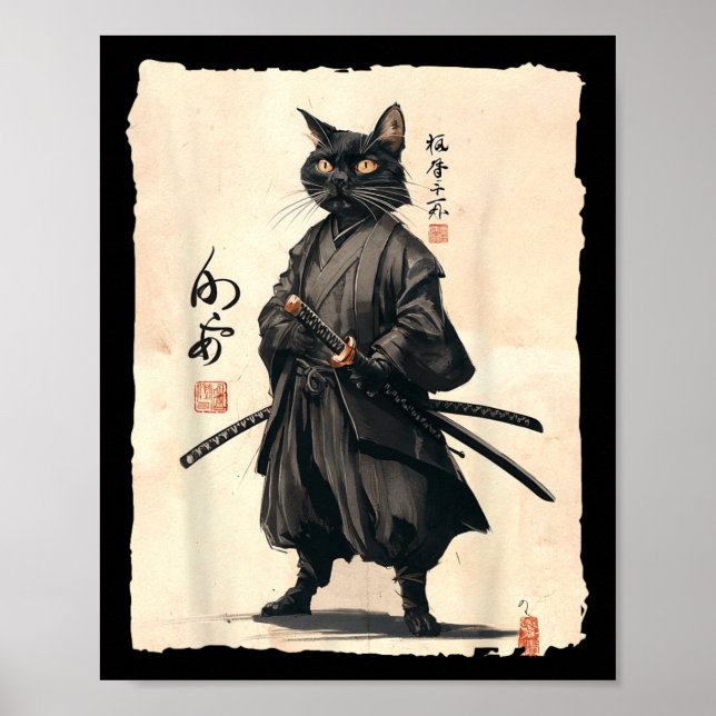 Samurai Cat Japanese Anime Cat Lover Funny For Men Poster (Front)