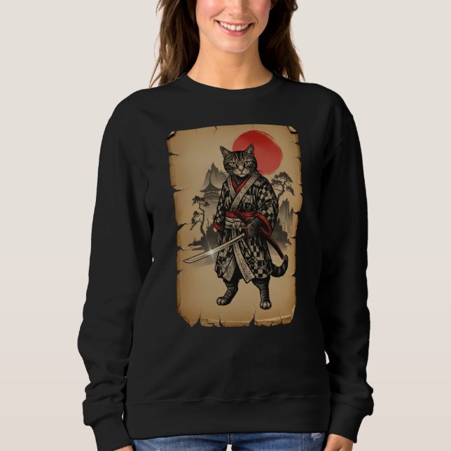 Samurai Cat Japanese Art Anime (On Back) Sweatshirt (Front)