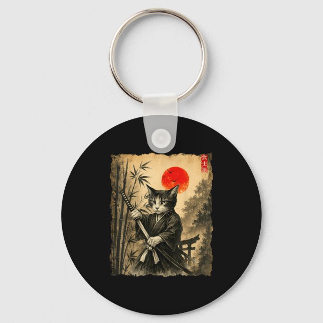 Samurai Cat Japanese Art Men Boys Funny Graphic Te Key Ring (Front)
