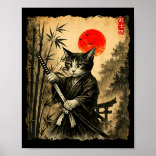 Samurai Cat Japanese Art Men Boys Funny Graphic Te Poster