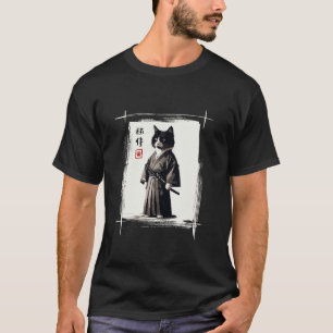 Samurai Cat Japanese Art Sumi e Novelty Kawaii Fun T-Shirt