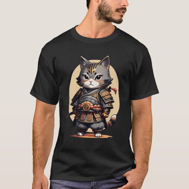 Samurai Cat Japanese Cartoon Cat Funny Cat Art T-Shirt (Front)