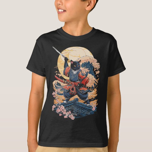 Samurai Cat Japanese Cat Anime Ninja  T-Shirt (Front)