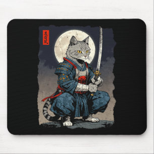 Samurai Cat Japanese Retro Fighter Cat Moon Ukiyo- Mouse Pad