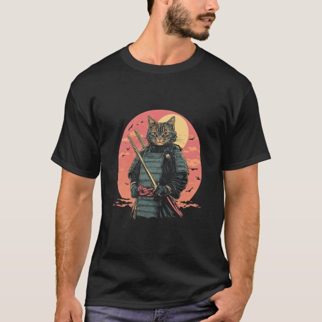 Samurai Cat Japanese Style Sunset T-Shirt (Front)