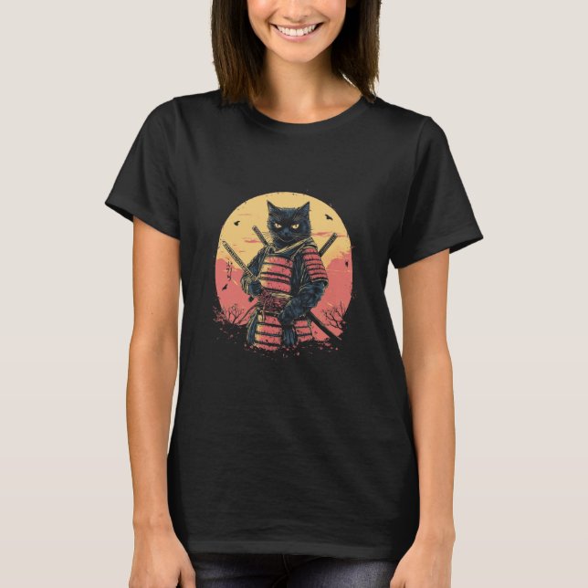 Samurai Cat Japanese Style Sunset T-Shirt (Front)