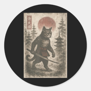 Samurai Cat Japanese Vintage Graphic Ukiyo-e Art F Classic Round Sticker