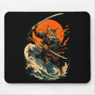 Samurai Cat Japanese Vintage Ukiyo-e Cat Anime Gif Mouse Pad