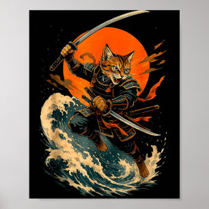 Samurai Cat Japanese Vintage Ukiyo-e Cat Anime Gif Poster