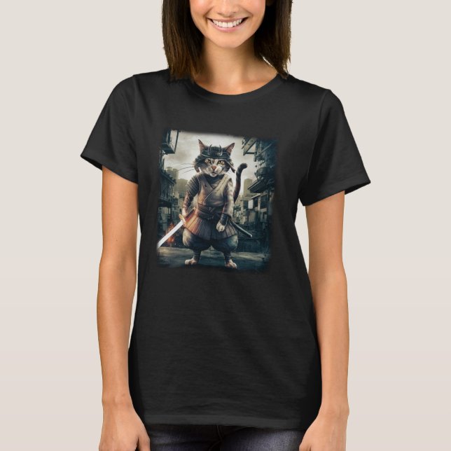 Samurai Cat Japanese Warrior Vintage T-Shirt (Front)