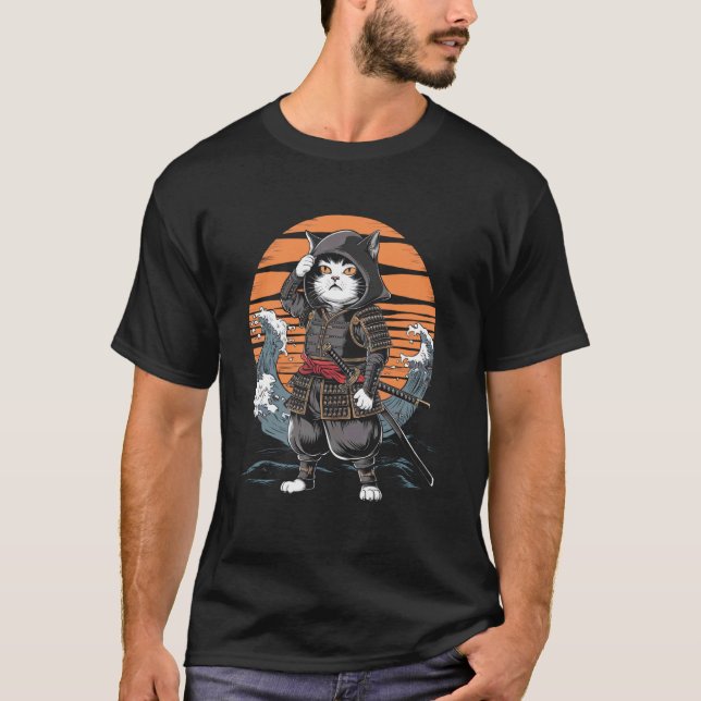 Samurai Cat Japanese Wave Art Retro Samurai Cat T-Shirt (Front)