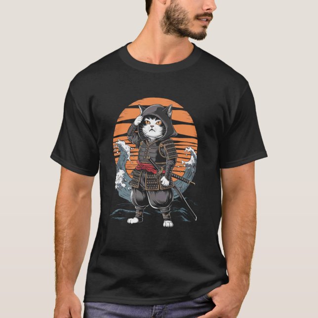Samurai Cat Japanese Wave Art Retro Samurai Cat T-Shirt (Front)