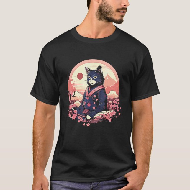 Samurai Cat Meditates between Japanese Cherry Blos T-Shirt (Front)