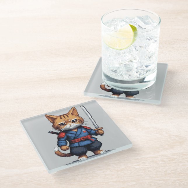 Samurai Cat Pixel Art Glass Coaster (Angled)
