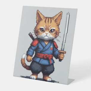 Samurai Cat Pixel Art Pedestal Sign