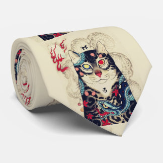 SAMURAI CAT PORTRAIT WITH SERPENT TATTOOS TIE