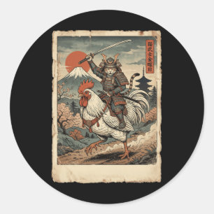 Samurai Cat Riding Chicken Japanese Art Katana Uki Classic Round Sticker