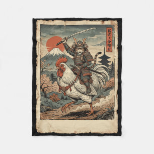 Samurai Cat Riding Chicken Japanese Art Katana Uki Fleece Blanket