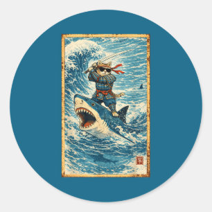 Samurai Cat Riding Shark Retro Wave Warrior Funny  Classic Round Sticker