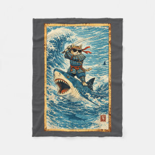 Samurai Cat Riding Shark Retro Wave Warrior Funny  Fleece Blanket