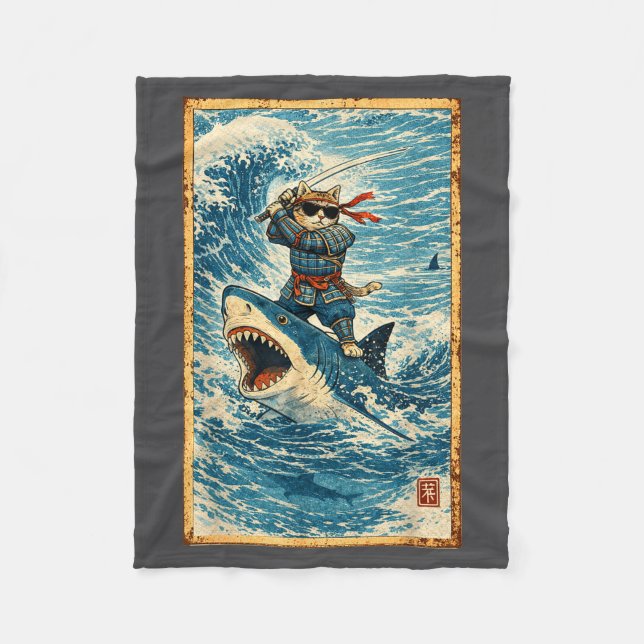 Samurai Cat Riding Shark Retro Wave Warrior Funny  Fleece Blanket (Front)