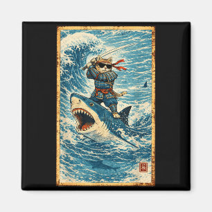 Samurai Cat Riding Shark Retro Wave Warrior Funny Magnet