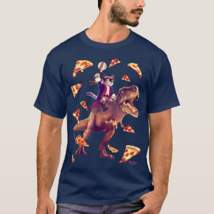 Samurai Cat Riding T Rex Eating Pizza Funny Dino F T-Shirt