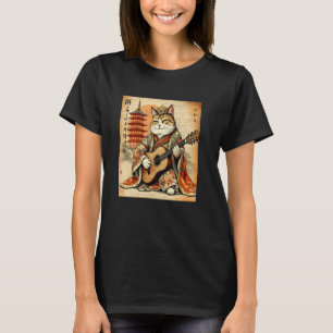 Samurai Cat Shreds Japanese Warrior Guitar Art T-Shirt