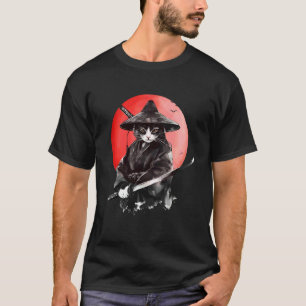 Samurai Cat Sunset Vintage Ukiyo-e Warrior Art Cat T-Shirt