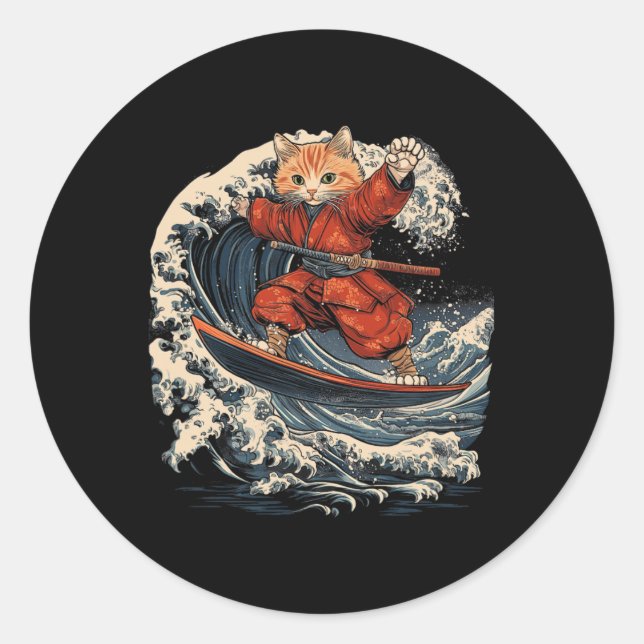 Samurai Cat Surfing Great Wave Ronin Katana  Classic Round Sticker (Front)