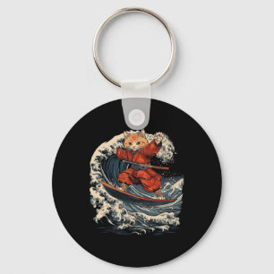 Samurai Cat Surfing Great Wave Ronin Katana Key Ring