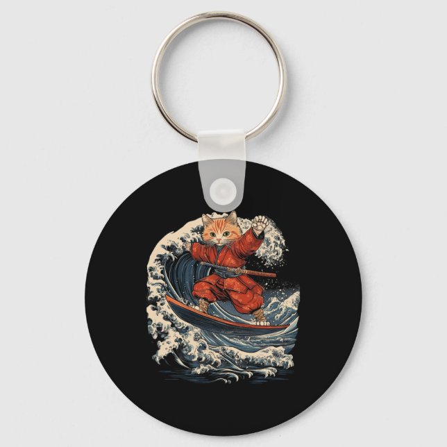 Samurai Cat Surfing Great Wave Ronin Katana  Key Ring (Front)