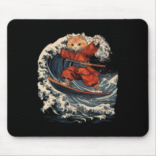 Samurai Cat Surfing Great Wave Ronin Katana  Mouse Pad