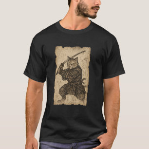 Samurai Cat Vintage Ukiyo-e Warrior Wielding a Kat T-Shirt