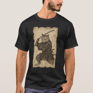 Samurai Cat Vintage Ukiyo-e Warrior Wielding a Kat T-Shirt