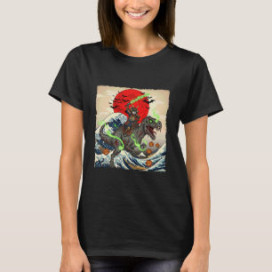 Samurai Cat vs Zombie Dinosaur Spooky Ukiyo-e Hall T-Shirt