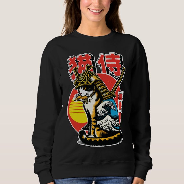 Samurai Cat Warrior – Bold Japanese Wave Tattoo Sweatshirt (Front)