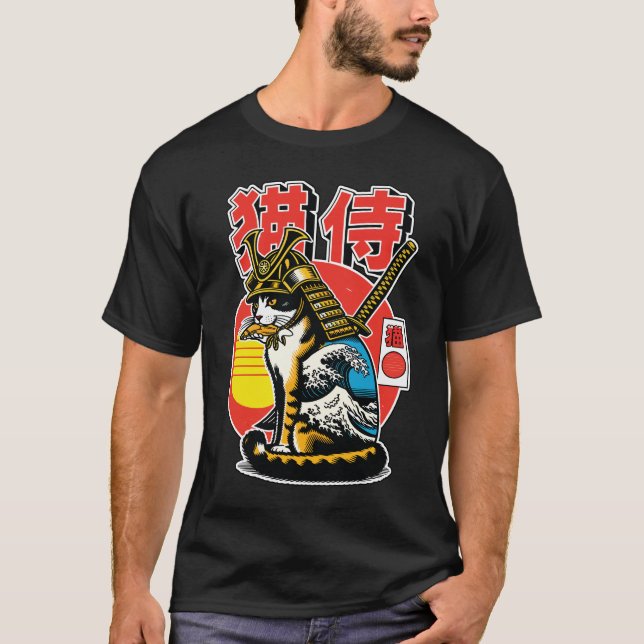 Samurai Cat Warrior – Bold Japanese Wave Tattoo T-Shirt (Front)