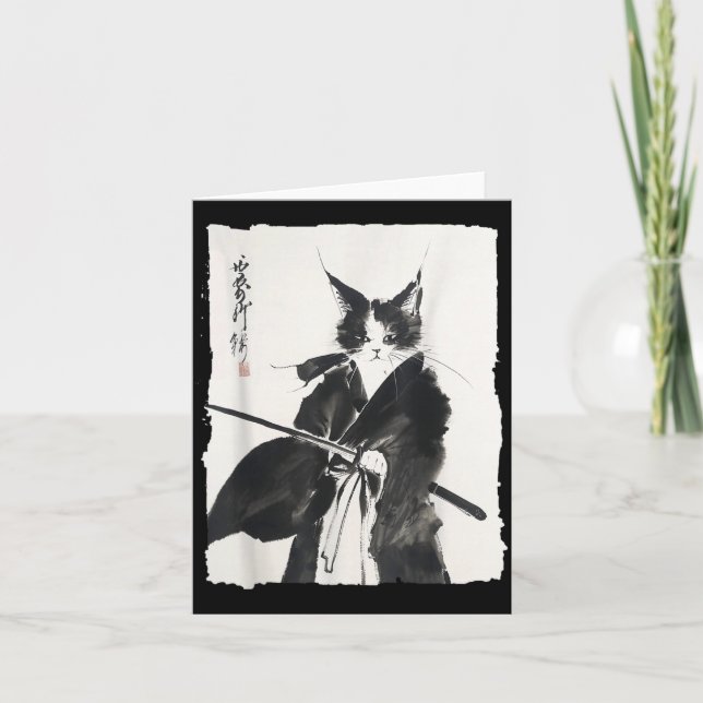 Samurai Cat Warrior Ink - Japanese Art Feline Card (Front)