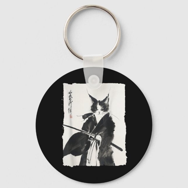 Samurai Cat Warrior Ink - Japanese Art Feline Key Ring (Front)