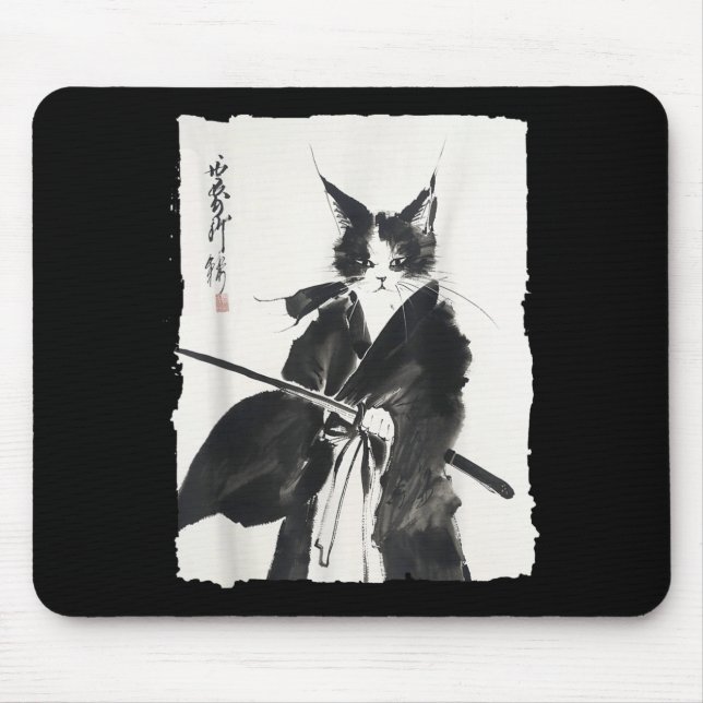 Samurai Cat Warrior Ink - Japanese Art Feline Mouse Pad (Front)