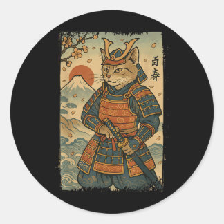 Samurai Cat Warrior Japanese Ukiyo-e Artwork Cat S Classic Round Sticker