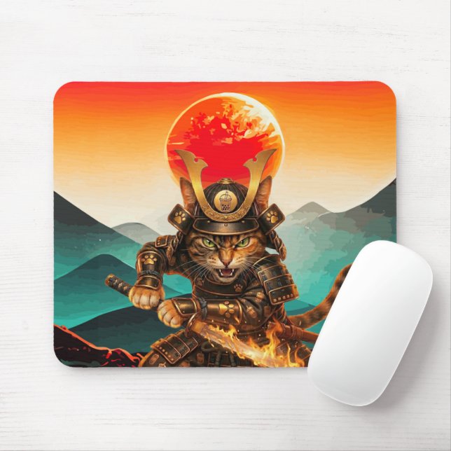 Samurai Cat Warrior Sunset NonSlip Gaming Mousepad (With Mouse)