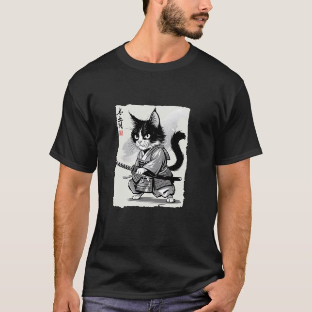 Samurai Cat Warrior Ukiyo-e Ink Graphic Artwork Ca T-Shirt (Front)