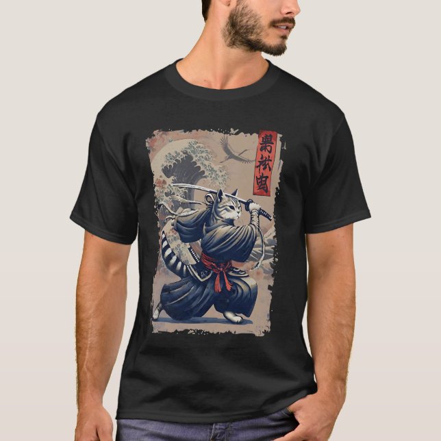 Samurai Cat Warrior Ukiyo Ink Artwork Cat Samurai  T-Shirt (Front)