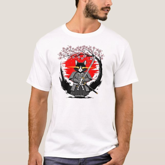 Samurai Cat Warrior Under Cherry Blossom Tree  T-Shirt (Front)